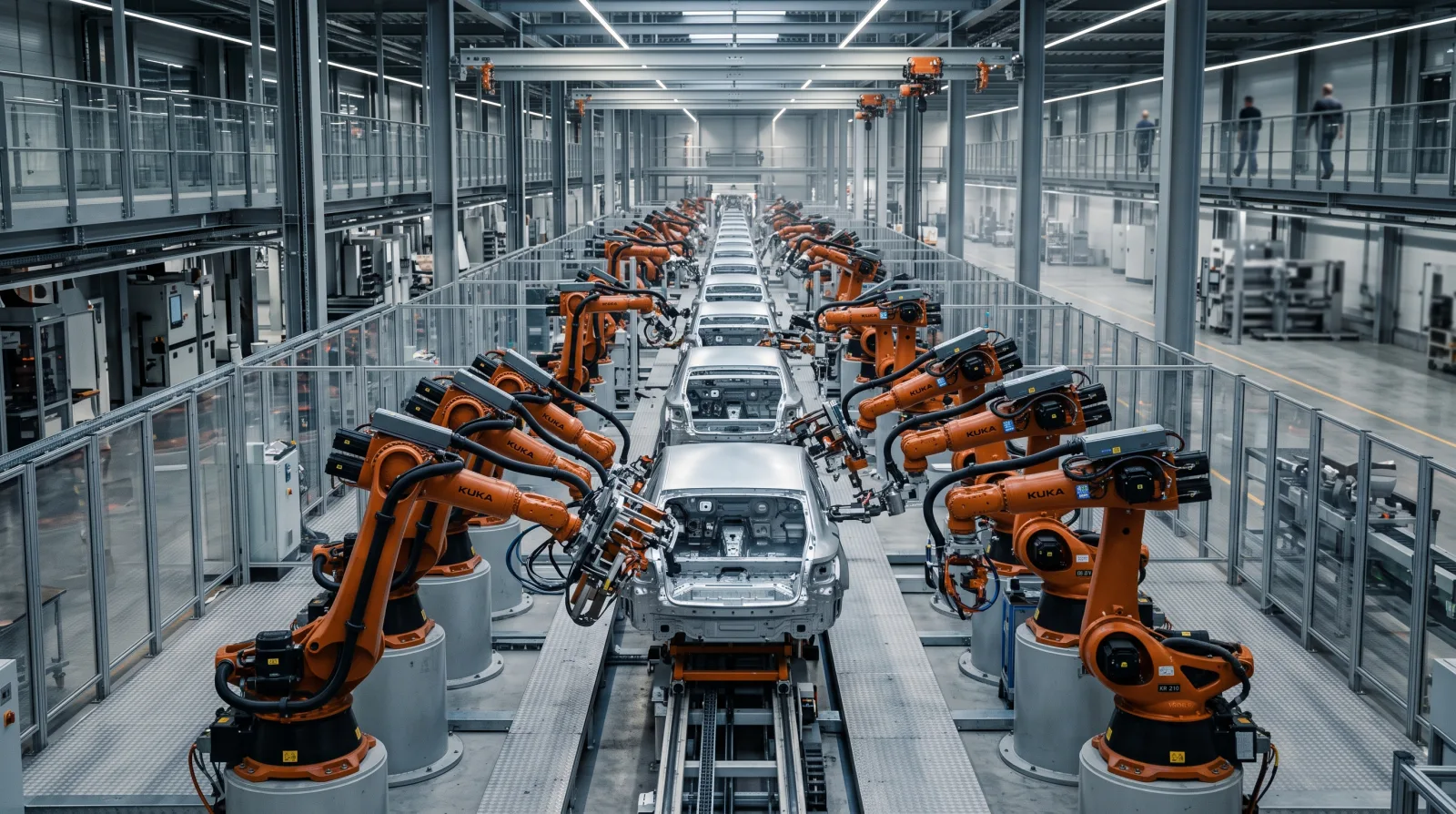 A line of robotic arms on an automotive assembly floor