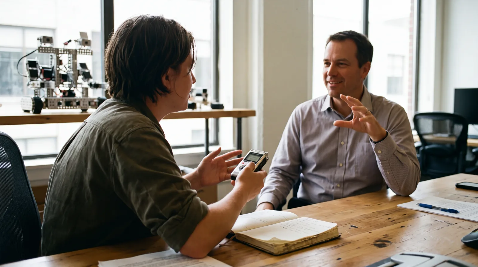 A journalist interviewing an executive with a recorder on the table