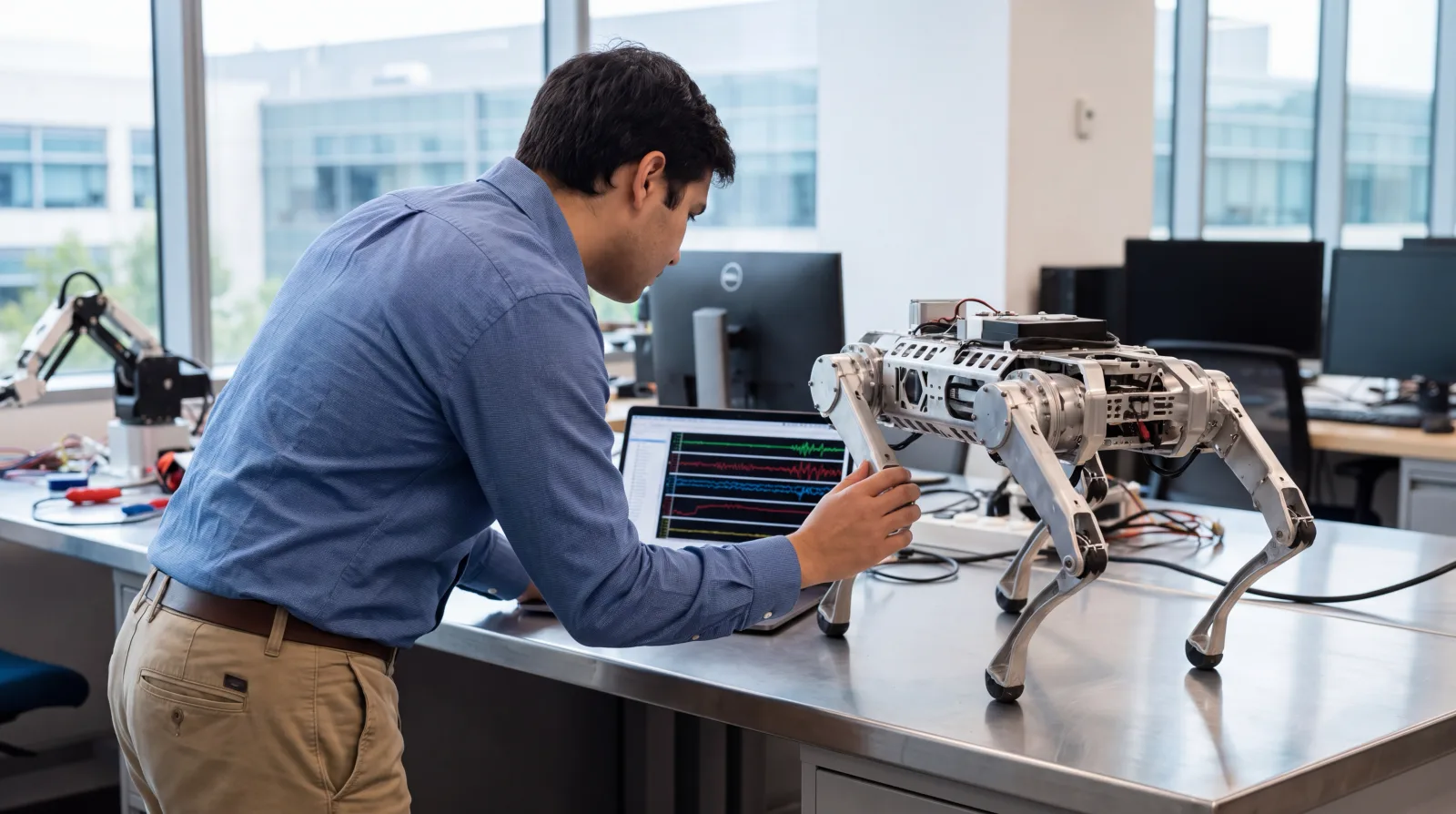 A researcher working with an advanced quadruped robot in a modern robotics lab